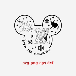 May include: Black and white illustration of a Mickey Mouse head silhouette with images of Elsa and Anna from Frozen inside. The text "Into the Unknown" is written in a circle around the silhouette.