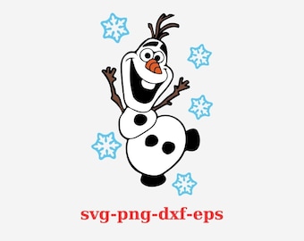 Puede incluir: Una ilustración de dibujos animados de Olaf, un personaje de muñeco de nieve, con una gran sonrisa, una nariz naranja y brazos de palo. El muñeco de nieve es blanco con detalles en negro y está rodeado de copos de nieve azules. El texto "svg-png-dxf-eps" es rojo.