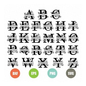 May include: A black and white alphabet with decorative flourishes. Each letter is split in half with a line and a decorative flourish on the top and bottom. The letters are arranged in alphabetical order. The letters are for crafting and design projects. The image also includes the file types available for download: DXF, EPS, PNG, and SVG.