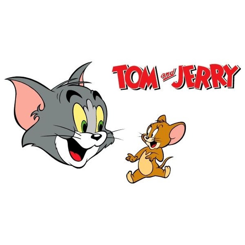 May include: Tom and Jerry cartoon characters. Tom the cat is grey with a big grin and Jerry the mouse is brown and running.