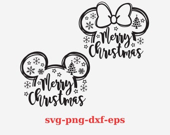 May include: Black and white silhouette of Mickey Mouse ears with snowflakes and a Christmas tree inside the ears. The text "Merry Christmas" is written below the ears.