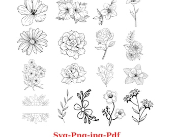 Pacote de flores SVG, clipart de flores, folhas svg, rosa SVG, silhueta de arquivos de corte circular, flores png, camisa de download instantâneo de vetor DXF Eps