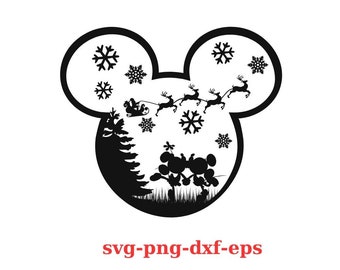 May include: Black and white silhouette of Mickey Mouse's head with a Christmas scene inside. Santa Claus is flying in a sleigh pulled by reindeer over a snowy forest with snowflakes.