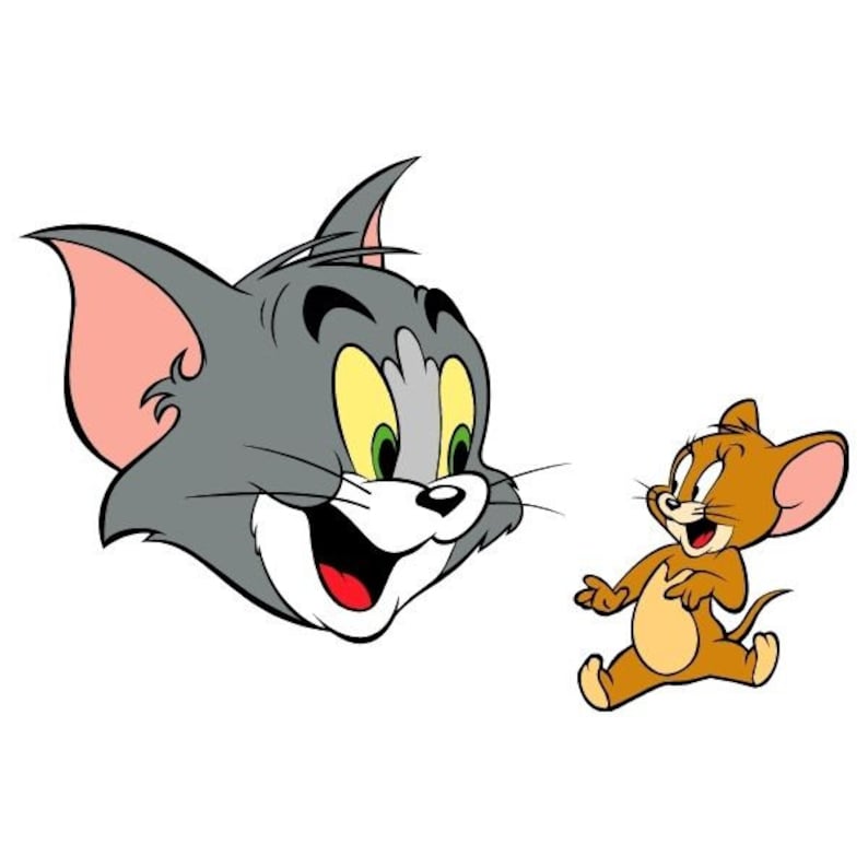 May include: Tom and Jerry cartoon characters. Tom the cat is smiling with his mouth open and Jerry the mouse is walking towards Tom with a happy expression.