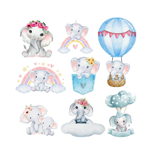 Cute elephant clipart, watercolor baby Boy elephant illustration, cute elephant with crown, nursery elephant, blue, silver baby elephant PNG