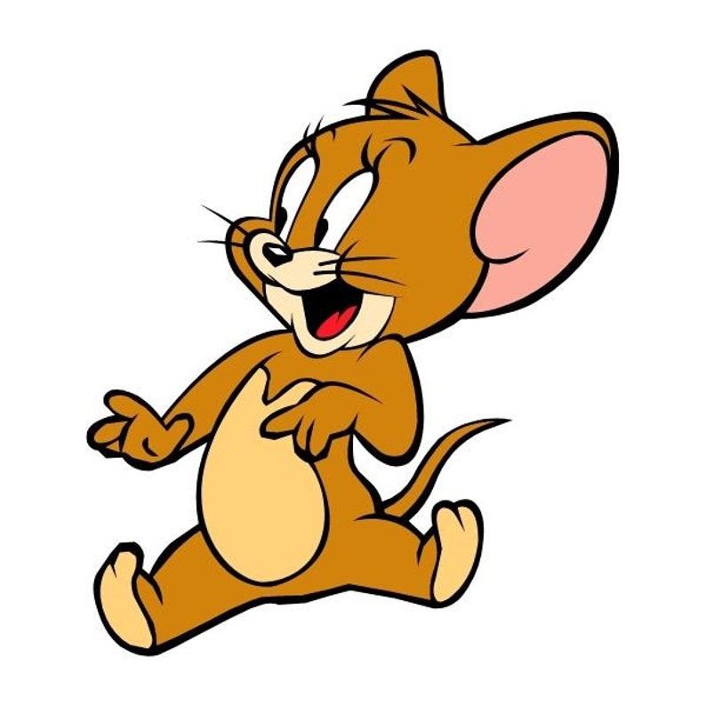 May include: A cartoon illustration of a brown mouse with a big smile, large ears, and a brown tail. The mouse is walking with its right foot forward and its left foot back.