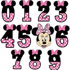 Peut inclure: Nombres de 0 à 9 sur le thème de Minnie Mouse, en rose et noir avec des pois blancs. Chaque nombre a des oreilles de Minnie Mouse avec un nœud rose sur le dessus.