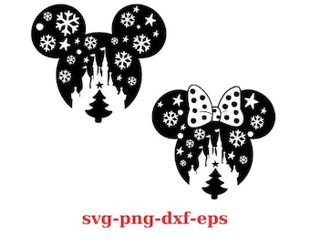 May include: Black and white silhouette of a Mickey Mouse head with a snow-covered castle and snowflakes inside. The other silhouette is a Minnie Mouse head with a bow and the same castle and snowflakes.