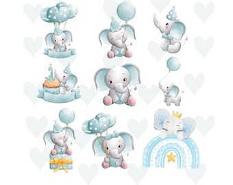 Imágenes prediseñadas de elefante lindo, ilustración de elefante bebé acuarela, elefante lindo con corona, elefante de guardería, azul, elefante bebé plateado PNG