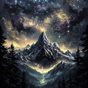May include: A snow-capped mountain peak stands tall against a dark night sky filled with stars. The mountain is surrounded by a forest of dark green trees. The sky is a deep blue with hints of purple and yellow.
