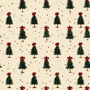 Puede incluir: Patrón repetitivo de árboles de Navidad verdes adornados con lazos rojos sobre un fondo crema salpicado de estrellas doradas. Los árboles tienen troncos marrones. Este diseño es ideal para artículos con temática festiva.