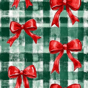 Peut inclure: Motif répété de nœuds rouges sur un fond à carreaux vert et blanc. Les nœuds sont détaillés avec des ombres et des reflets, leur donnant une apparence en trois dimensions. Le fond a un effet de texture au pinceau.