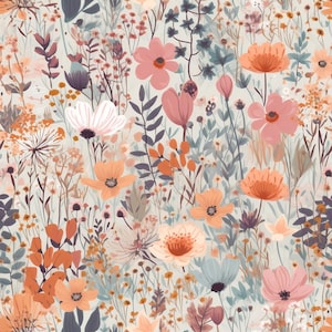 Pode incluir: Um padrão sem costura com uma variedade de flores em tons de rosa, laranja e branco. As flores estão dispostas em um padrão aleatório sobre um fundo cinza claro.