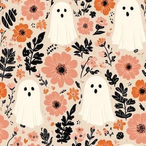 Peut inclure: Motif répété avec des fantômes blancs à bouches ouvertes, entremêlés de fleurs pêche et orange et de feuillage noir sur fond crème. Le design a une esthétique fantaisiste sur le thème d'Halloween.