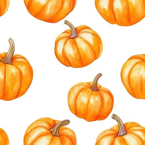 May include: Watercolor illustration of a seamless pattern featuring bright orange pumpkins with brown stems on a white background. The pumpkins are round and have textured surfaces, perfect for fall-themed designs.