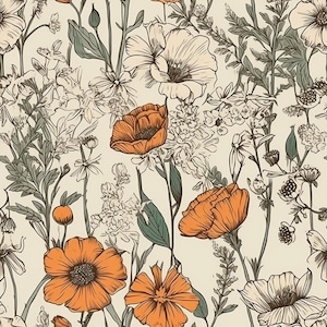 Può includere: Un motivo floreale con papaveri arancioni e altri fiori con foglie e steli verdi, su sfondo color crema. Il design include disegni a tratteggio dettagliati di vari fiori.