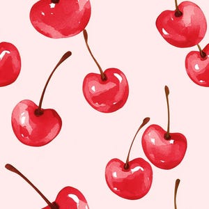 Peut inclure: Motif aquarelle de cerises rouges vives avec des tiges marron sur un fond rose clair. Les cerises ont un aspect brillant, suggérant la fraîcheur. Ce motif convient à divers usages, comme le tissu ou le papier peint.
