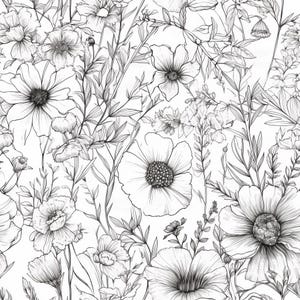 Puede incluir: Dibujo en blanco y negro de varias flores y follaje. El dibujo presenta una variedad de flores, incluyendo margaritas, rosas y flores silvestres. El dibujo está hecho en un estilo realista y captura la belleza de las flores.