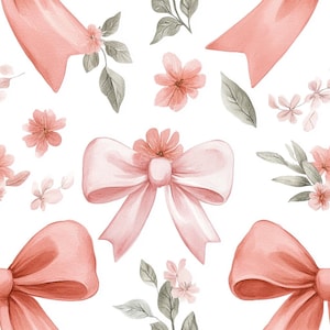 May include: A seamless pattern featuring pink and peach watercolor bows and floral elements. The design is perfect for fabric, wallpaper, or wrapping paper.