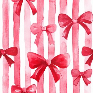 May include: A seamless pattern of pink and white watercolour stripes with red watercolour bows. The bows are arranged in a repeating pattern, with each bow overlapping the stripes.