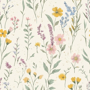 以下が含まれることがあります： クリーム色の背景に、黄色、ピンク、紫、青色のワイルドフラワーが繰り返されるパターン。 花柄のデザインには、さまざまな種類の花と緑の葉が含まれており、微妙な斑点のあるテクスチャがあります。