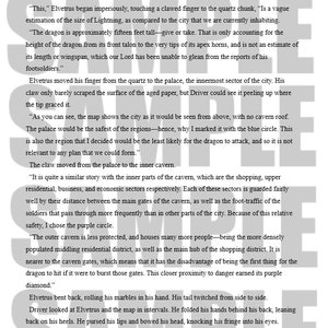 May include: A page of text with the words "SAMPLE" watermarked across it. The text describes a conversation about a dragon and a city map. The dragon is approximately fifteen feet tall. The text includes the words "palace", "cavern", and "diamond".
