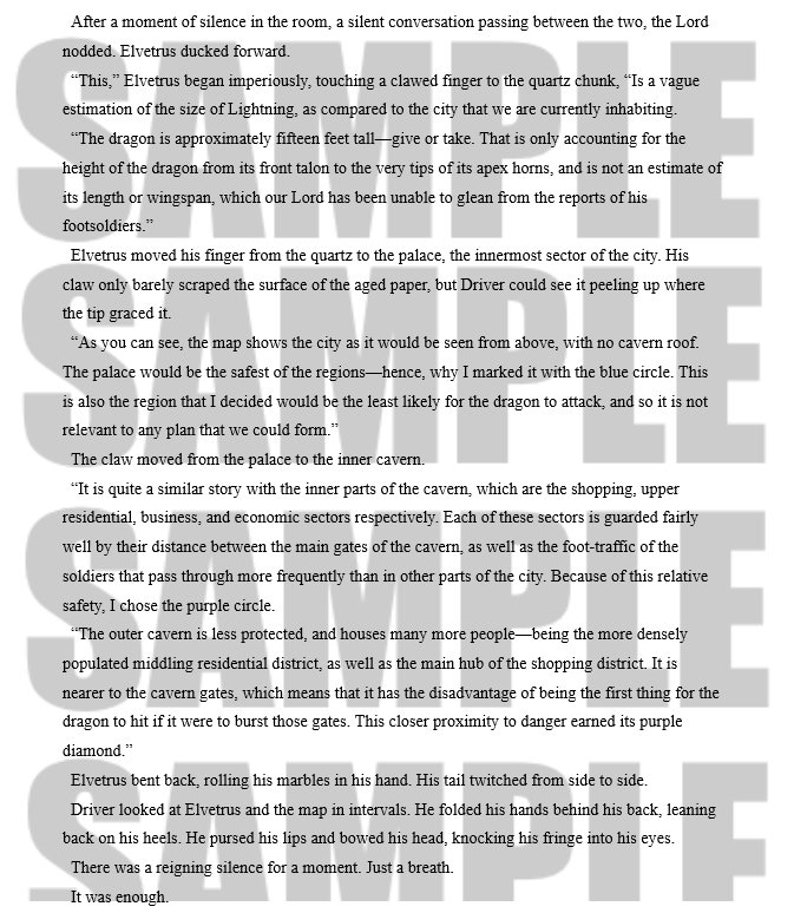 May include: A page of text with the words "SAMPLE" watermarked across it. The text describes a conversation about a dragon and a city map. The dragon is approximately fifteen feet tall. The text includes the words "palace", "cavern", and "diamond".