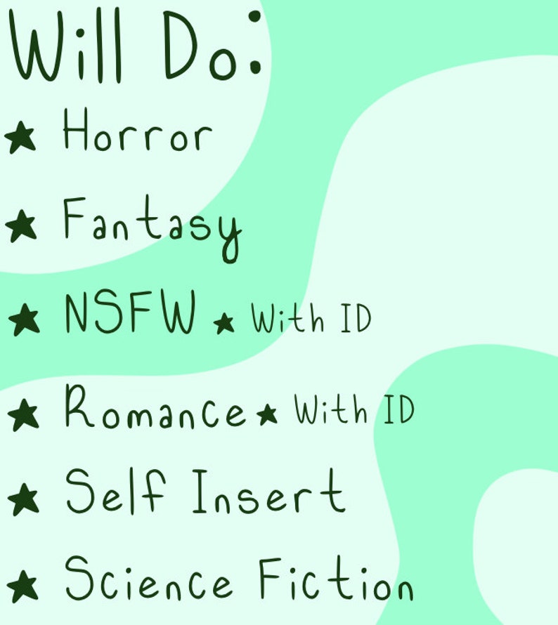 May include: A handwritten list titled "Will Do:" on a light green background with a teal design. The list includes genres like Horror, Fantasy, NSFW with ID, Romance with ID, Self Insert, and Science Fiction, each marked with a star.
