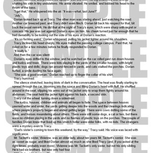 May include: Text from a book page, with dialogue between characters named Tracy and Dorian. The text describes a car ride, conversations, and observations about the surroundings, including houses, children, and animals.