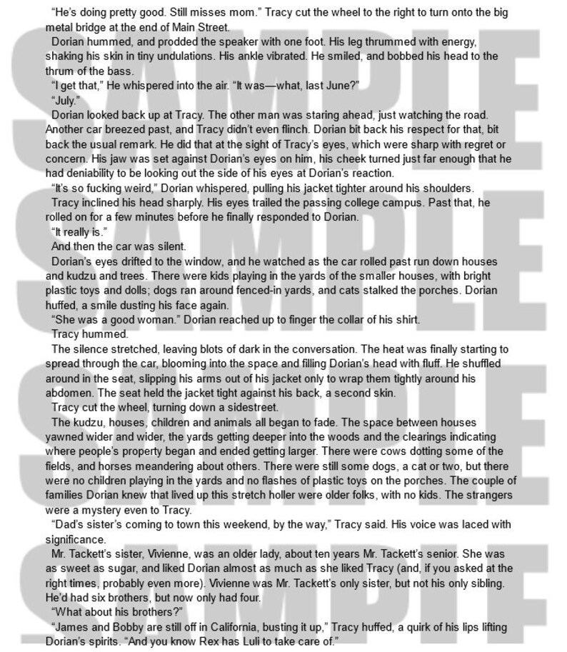 May include: Text from a book page, with dialogue between characters named Tracy and Dorian. The text describes a car ride, conversations, and observations about the surroundings, including houses, children, and animals.