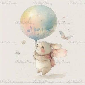 Bunnies With Ballon Clipart - Nursery Spring Clipart - Children - Digital Planner, Watercolor - Commercial Use - Digital Download