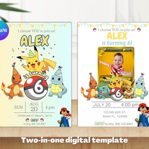 Faire-part d'anniversaire Pokémon | Fête d'anniversaire de Pikachu | Modèle numérique | Téléchargement instantané | Carte d'invitation d'anniversaire Pokémon personnalisable