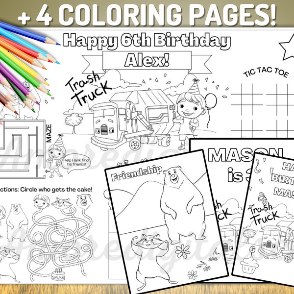 Trash Truck Activity Sheet Printable | Trash Truck Coloring Page |Birthday Printable | Kids Birthday Coloring Page | Kids Birthday Printable