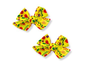 Spanish Floral Hair Bows | Floral Fiesta Hair Bows | Mexican Hair Bows | Cinco De Mayo Hair Bows | Mexican Hair Clips | Yellow Floral Bows