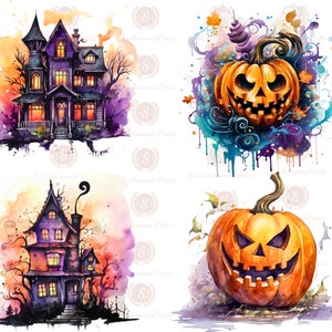 Puede incluir: Cuatro ilustraciones de acuarela con temas de Halloween. La imagen superior izquierda es una casa encantada morada y negra con ventanas naranjas. La imagen superior derecha es una calabaza tallada con un fondo de acuarela azul y morado. La imagen inferior izquierda es una casa encantada morada y negra con ventanas naranjas. La imagen inferior derecha es una calabaza tallada con un fondo de acuarela morado y naranja.