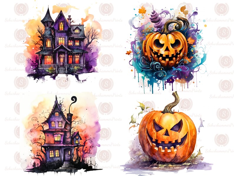 Puede incluir: Cuatro ilustraciones de acuarela con temas de Halloween. La imagen superior izquierda es una casa encantada morada y negra con ventanas naranjas. La imagen superior derecha es una calabaza tallada con un fondo de acuarela azul y morado. La imagen inferior izquierda es una casa encantada morada y negra con ventanas naranjas. La imagen inferior derecha es una calabaza tallada con un fondo de acuarela morado y naranja.