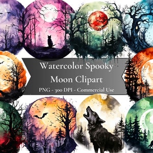 Watercolor Halloween Moon Clipart, Spooky Moon Clipart, halloween clipart, fall clipart, PNG Format, instant download for commercial use