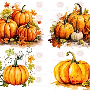 May include: Four watercolor illustrations of pumpkins with fall leaves. The pumpkins are various shades of orange and yellow. Some pumpkins have vines and leaves growing from them.