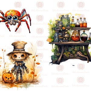Puede incluir: Una ilustraci&oacute;n digital de una escena de Halloween con un espantap&aacute;jaros sosteniendo una calabaza tallada, una ara&ntilde;a y una mesa con botellas de poci&oacute;n.