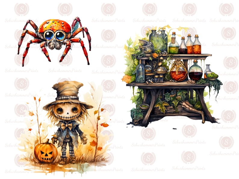 Puede incluir: Una ilustraci&oacute;n digital de una escena de Halloween con un espantap&aacute;jaros sosteniendo una calabaza tallada, una ara&ntilde;a y una mesa con botellas de poci&oacute;n.