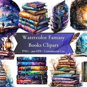 Watercolor Fantasy Books Clipart, Vintage Books, Magic Books, Library Clipart, Fantasy Book Clipart, Instant download for commercial use