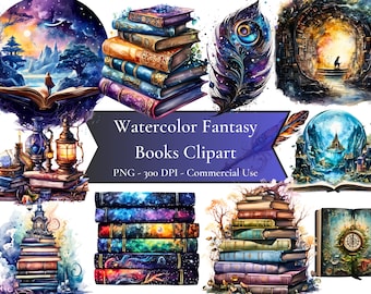 Watercolor Fantasy Books Clipart, Vintage Books, Magic Books, Library Clipart, Fantasy Book Clipart, Instant download for commercial use