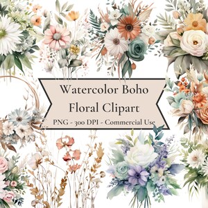 Watercolor Boho Floral Clipart, PNG Format, Wedding Botanical Florals, Instant download, commercial use