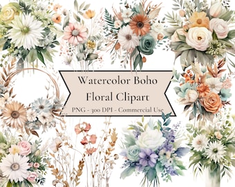 Watercolor Boho Floral Clipart, PNG Format, Wedding Botanical Florals, Instant download, commercial use