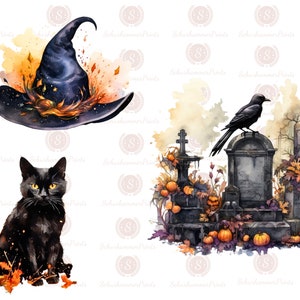 Puede incluir: Una ilustraci&oacute;n de acuarela de un gato negro, un sombrero de bruja y una escena de cementerio espeluznante con un cuervo posado en una l&aacute;pida. El gato est&aacute; sentado en un lecho de hojas naranjas y marrones. El sombrero de bruja es negro con un patr&oacute;n de estrellas y tiene un borde marr&oacute;n con plumas naranjas y amarillas. La escena del cementerio presenta una l&aacute;pida con una cruz, un cuervo y una variedad de hojas naranjas y marrones.