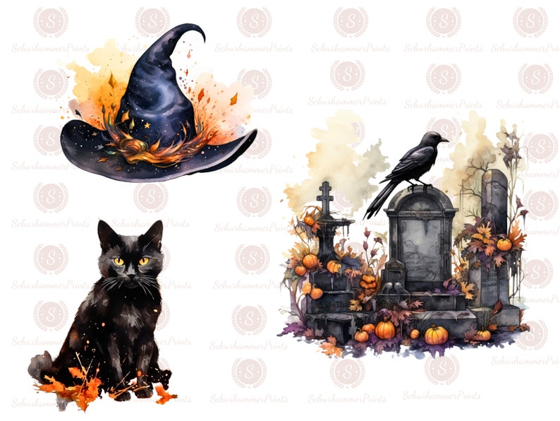 Puede incluir: Una ilustraci&oacute;n de acuarela de un gato negro, un sombrero de bruja y una escena de cementerio espeluznante con un cuervo posado en una l&aacute;pida. El gato est&aacute; sentado en un lecho de hojas naranjas y marrones. El sombrero de bruja es negro con un patr&oacute;n de estrellas y tiene un borde marr&oacute;n con plumas naranjas y amarillas. La escena del cementerio presenta una l&aacute;pida con una cruz, un cuervo y una variedad de hojas naranjas y marrones.