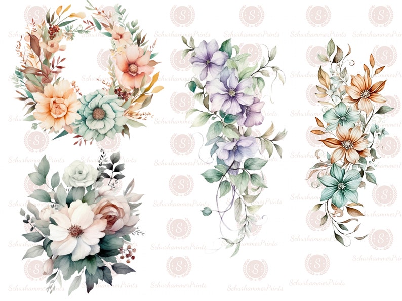 Watercolor Boho Floral Clipart, PNG Format, Wedding Botanical Florals ...