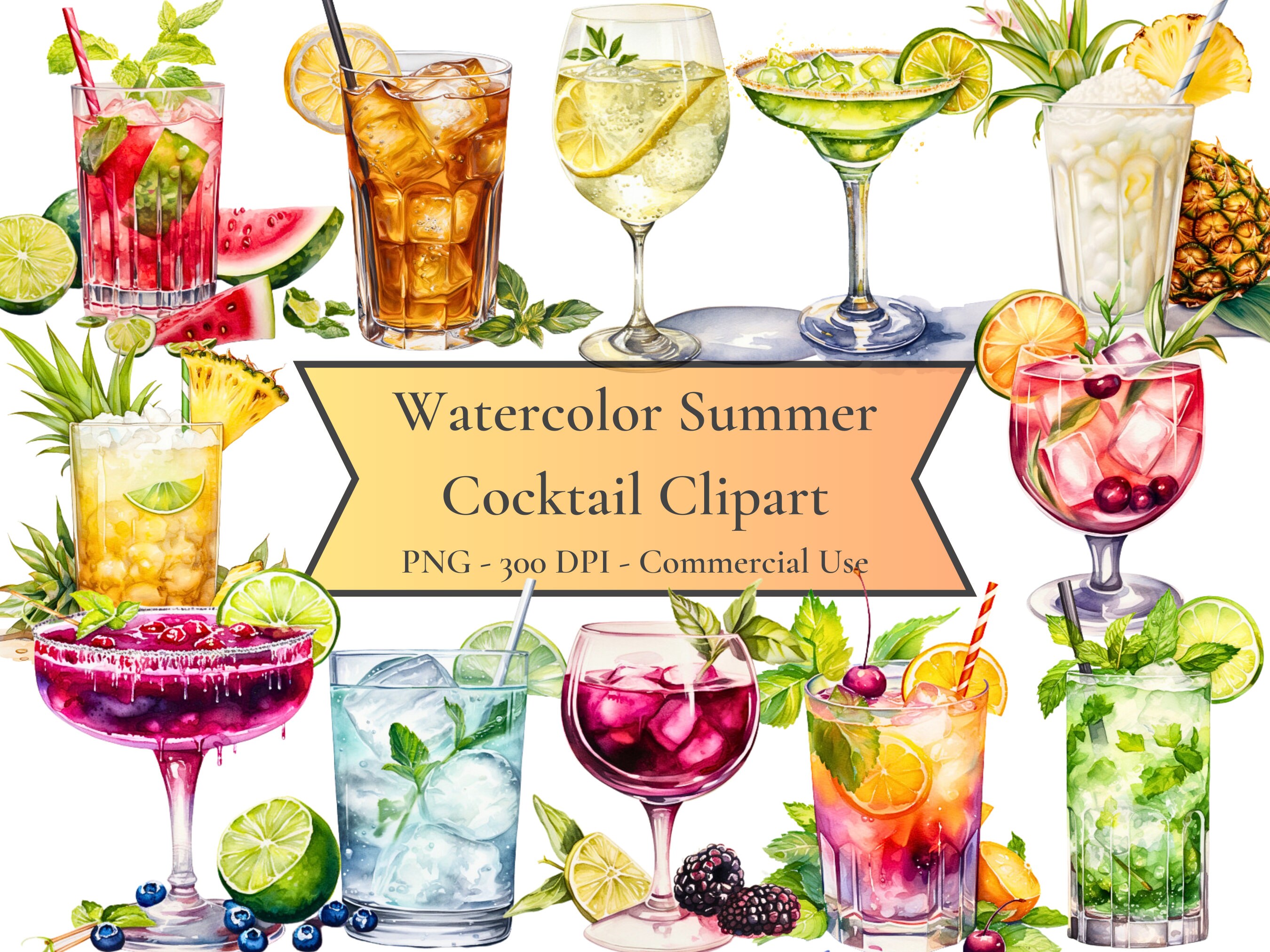 Watercolor Summer Cocktail Clipart, Cocktail Clipart, Tropical Drink ...