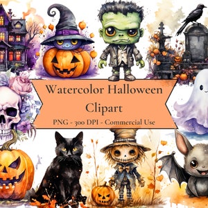 Watercolor Halloween Clipart, pumpkin clipart, witch, spooky clipart, autumn clipart, instant download, PNG format, commercial use