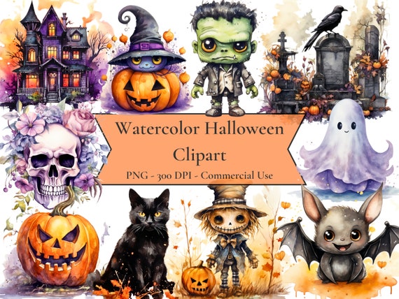 Watercolor Halloween Clipart, pumpkin clipart, witch, spooky clipart, autumn clipart, instant download, PNG format, commercial use